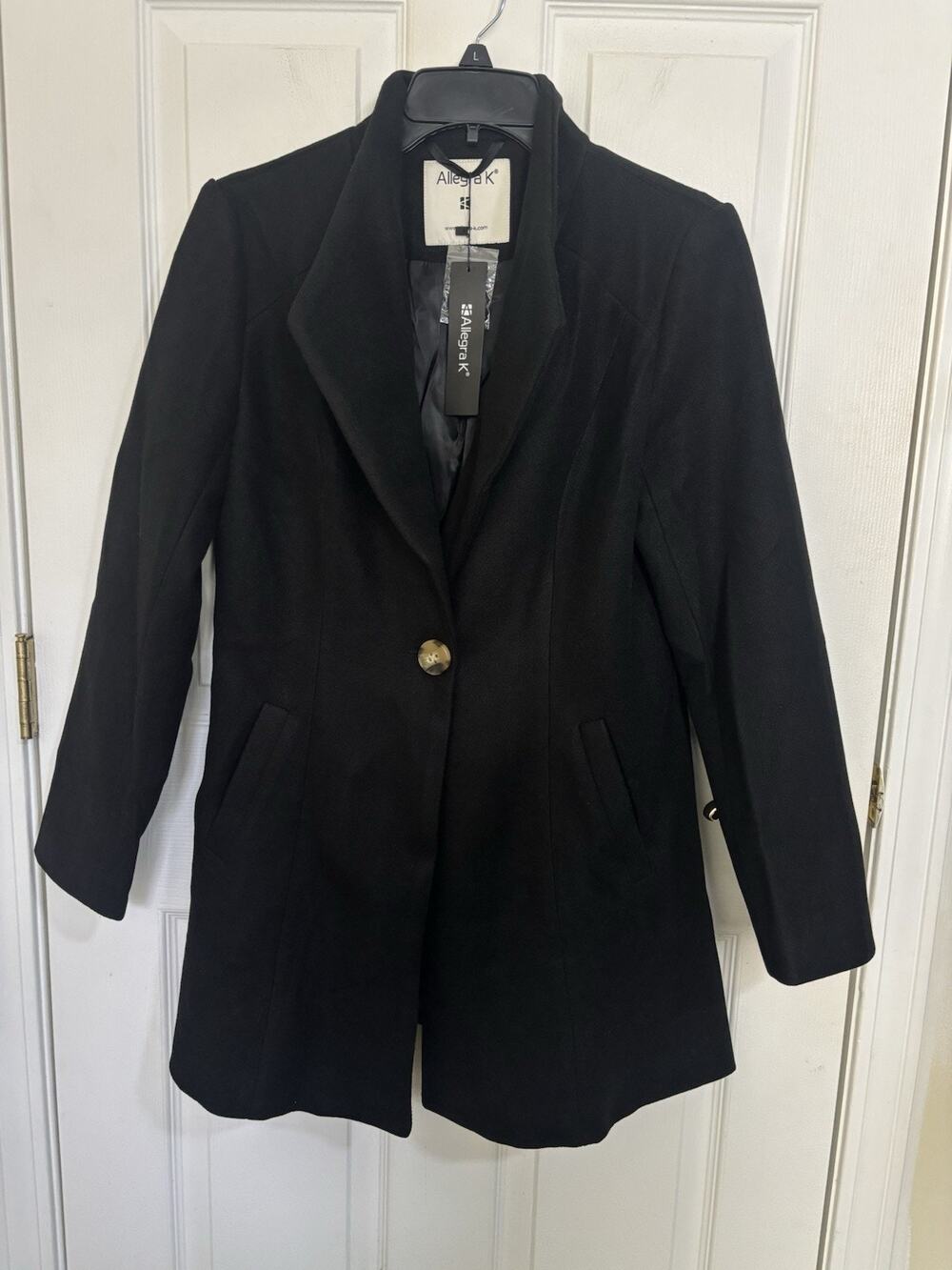 NWT Allegra K Black Single Breasted Peacoat Notch Lapel Center Button Medium